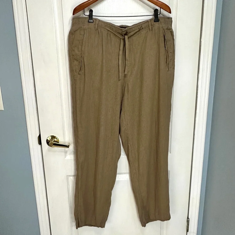 Club Room Luxury Mens XL Tan 100% Linen Drawstring Elastic Waist Pants
